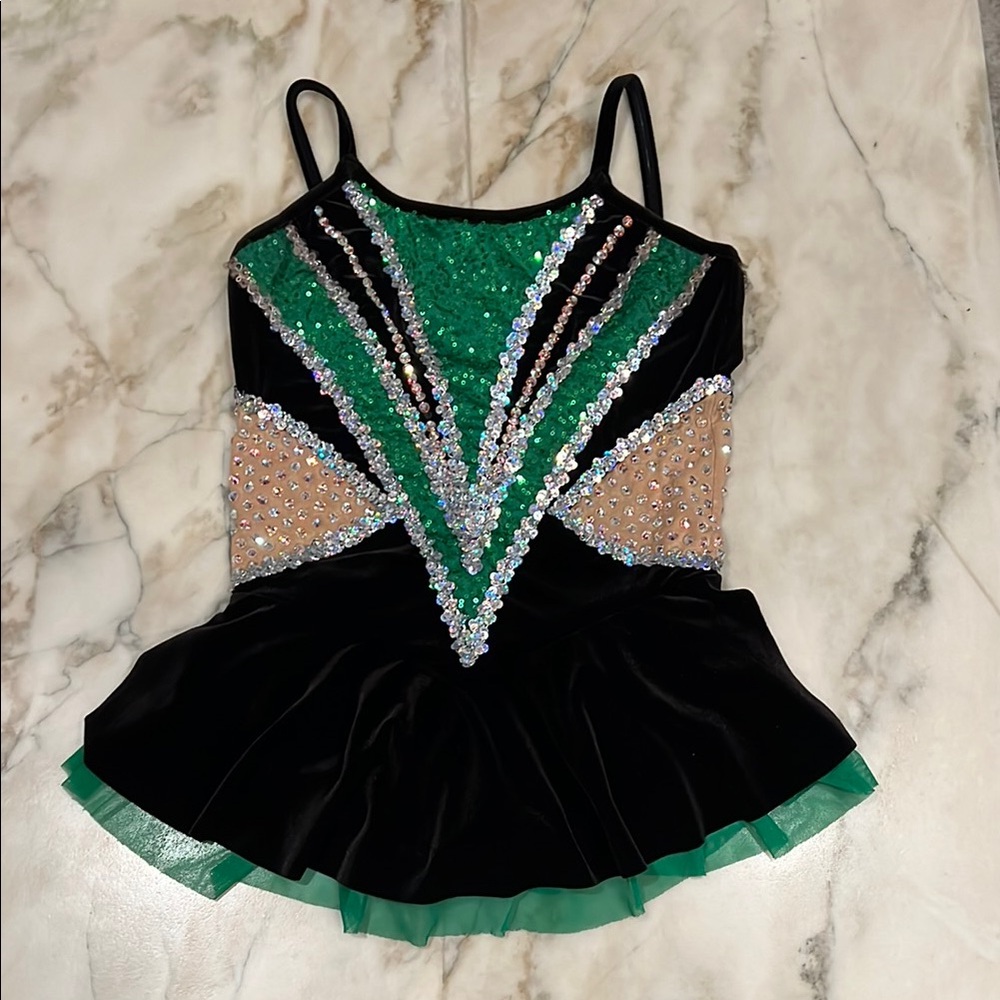 Green and Black majorette dance twirling Costume with Sequins & Swarovski
